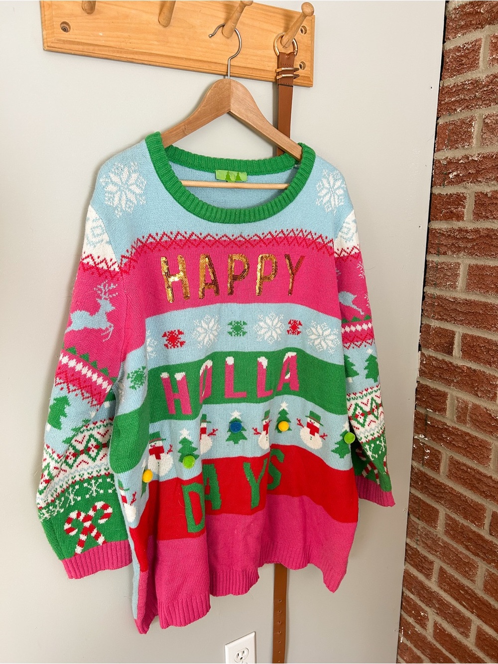Women's 'Happy Holla Days' Crewneck Holiday Sweater - Pink & Green